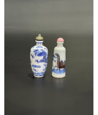 Two Blue and White Dragon Snuff Bottle Qing Dynasty 1644-1912