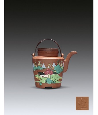 A Chinese Yixing Clay Famille Rose Landscape Teapot 1644-1912
