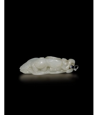 A Chinese White Jade Banana Leave and Cat Qing Dynasty 1644-1912