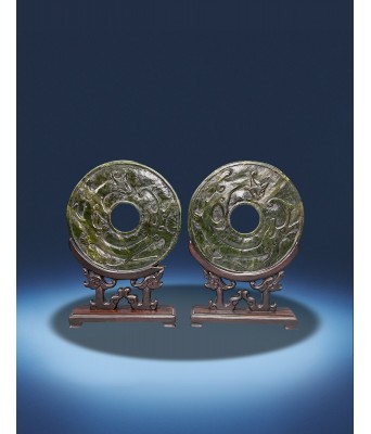 Pair of Chinese Spanish Jade Chi Dragon Bi Yuan Dynasty 1271-1368