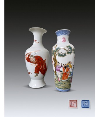 Two Chinese Famille Rose Figures Vase with Jurentang Mark