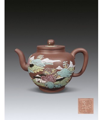 A Chinese Yixing Clay Coloured Landscape Teapot Qing Qianlong 1735-1796