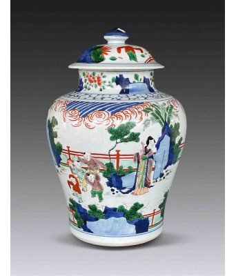 A Chinese Famille Verte Figures Jar with Cover Qing Shunzhi Period