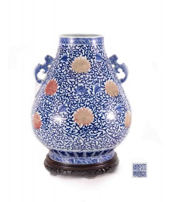 A Chinese Blue and White and Copper Red Flower Zun 1644-1912