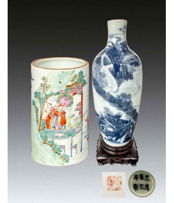 清粉彩人物故事笔筒青花柳叶瓶一组 1644-1912