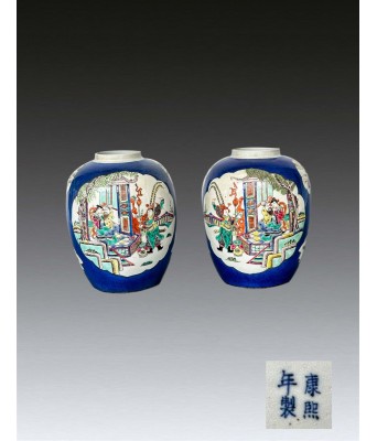 清蓝釉开窗五彩人物故事瓶一对 1644-1912