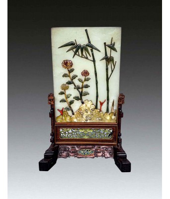清乾隆和田白玉百宝插屏黄花梨染色座 1736-1796