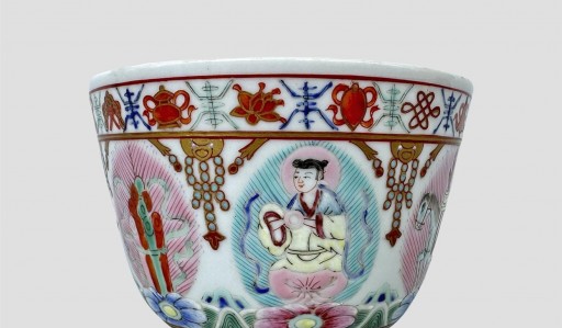 中国美術 煎茶 珊瑚釉 寿字 八方碗 六件(K-XA883)（当代葛陶中制