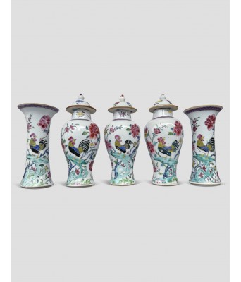 清乾隆粉彩公鸡牡丹五供一组 1736-1796