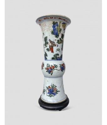 清康熙青花五彩指日高升花觚连座 1654-1722