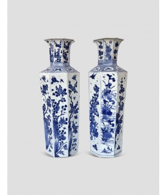 清康熙青花花鸟八方瓶一对 1654-1722