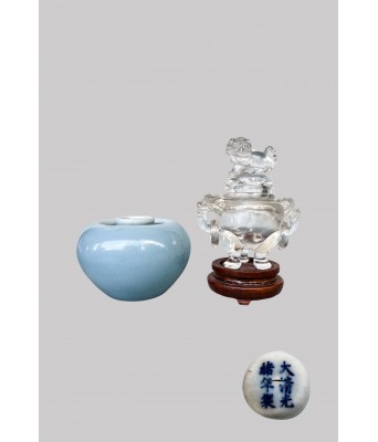 清光绪文房天青釉苹果尊水晶三足炉一组两件
