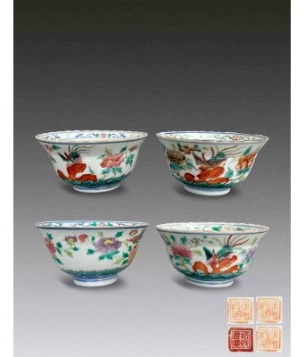 清粉彩凤穿牡丹纹碗一组四件 1644-1912