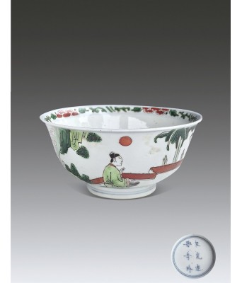 A Chinese Wucai Figure Bowl Late Ming Early Qing