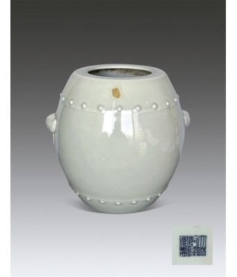 A Chinese Green Glazed Drum Shape Jar Qing Qianlong Mark