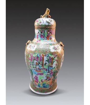 A Chinese Famille Rose Flower and Figures Covered Vase Qing 1644-1912