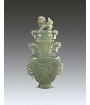 A Celadon Jade Lion Cover Vase Republic of China