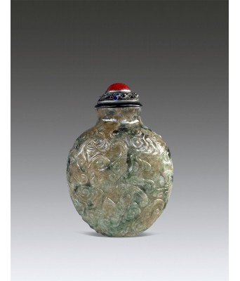 A Chinese Jadeite Bat and Shou Snuff Bottle Qing Qianlong Period 1735-1796
