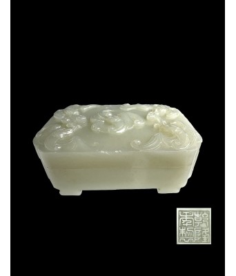 A Chinese Hetian White Jade Dragon Box Qing Qianlong Mark