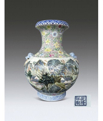 A Chinese Famille Rose Landscape Vase Qing Dynasty