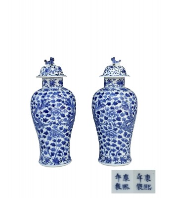 Pair of Chinese Blue and White Dragon Vase Qing Dynasty 1644-1912