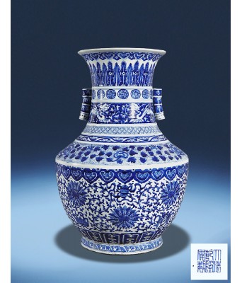 A Chinese Blue and White Flower Eight Treasure Vase Qing Dyansty 1644-1912