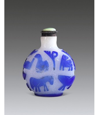 A Chinese Snow Grounded Blue Glass Zodiac Snuff Bottle Mid Qing Dynasty
