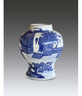 A Chinese Blue and White Figure Jiangjun Jar Qing Dynasty 1644-1912