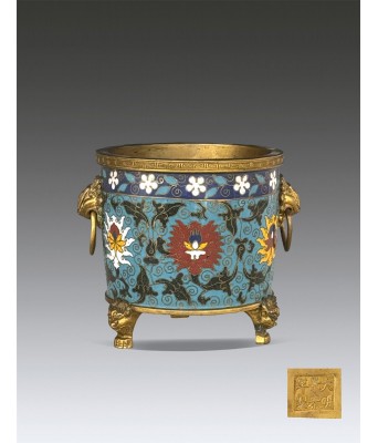 A Chinese Cloisonne Enamel Flower Lion Censor Ming Jingtai Mark
