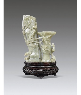 明代宫廷和田白玉凤竹纹文房花插