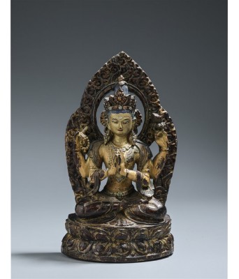 清康熙四臂观音木雕造像  1661-1722