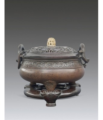 明代和田玉钮古铜龙耳龙纹炉