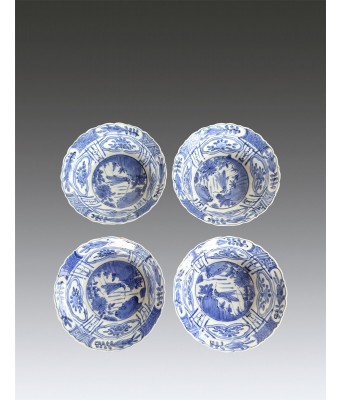 明万历青花开窗芙蓉草虫葵口碗一组1572-1620